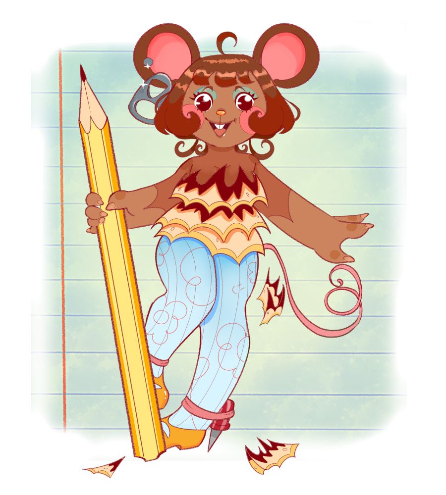 Oc da Fabi flor, é uma ratinha segurando um lápis, sua roupa é feita daquele resto de ponta que sai do apontador e ela tem um "brinco" sendo um lacre de latinha ela usa acho que tipo uma meia calça azul e na ponta do sapato tem uma agulha presa com um elástico.