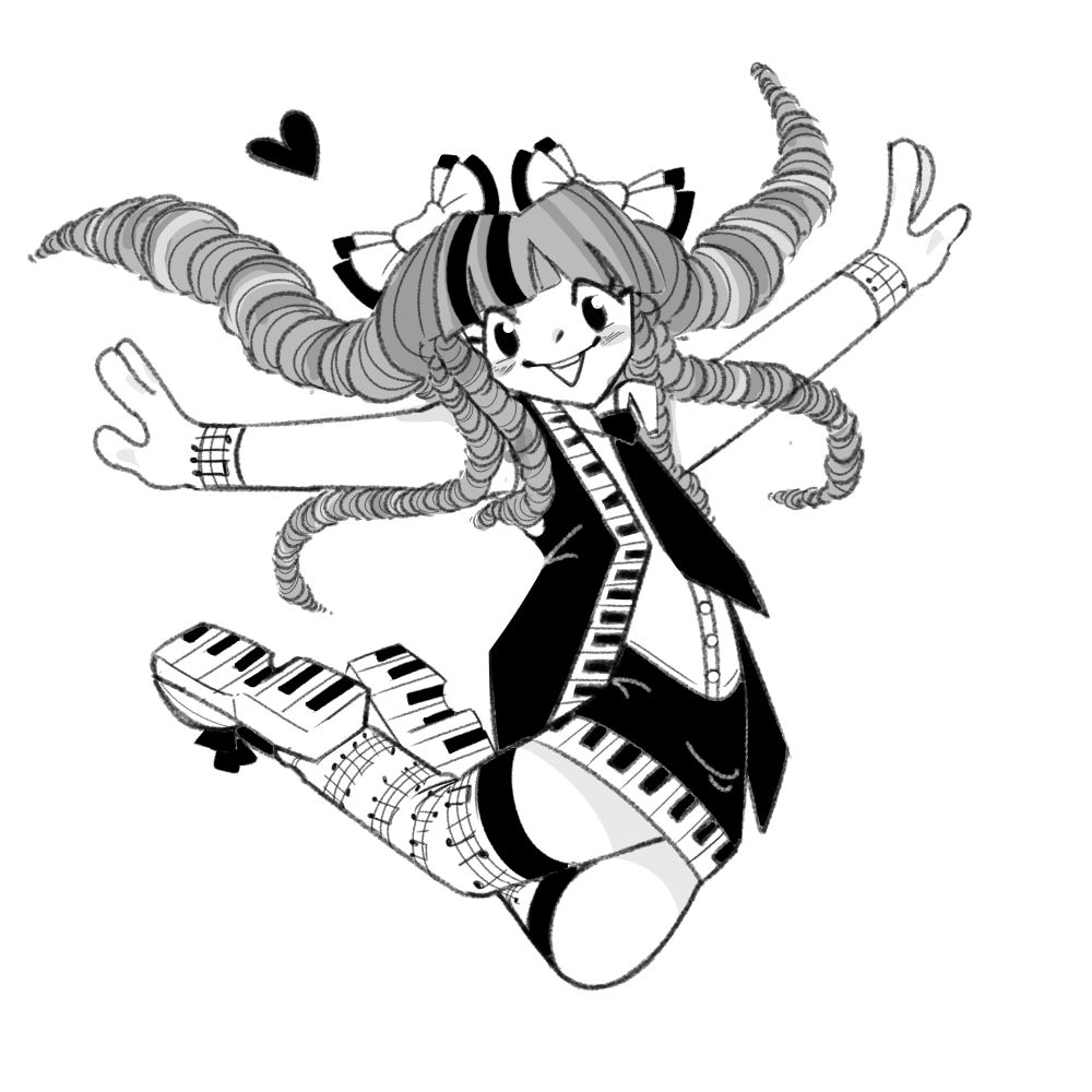 menina vestida com roupas totalmente personalizadas com telcas de piano dando um salto no ar com os braços abertos
