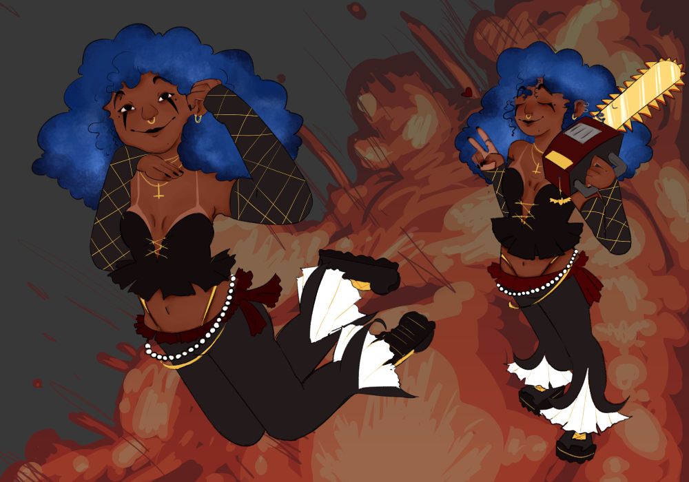 desenho 1: na imagem contém 2 poses da Nix uma é ela de olhos fechado e segurando sua serra elétrica em uma das mãos atrás, no fundo, fiz uma explosão, a outra pose é como se ela tivesse pulando e flutuando ao mesmo tempo 