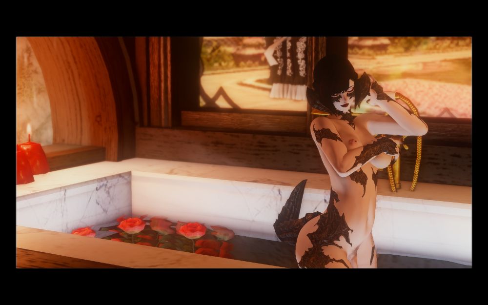 peony, a xaela au ra, in an indulgent bath tub with candles and roses. nude