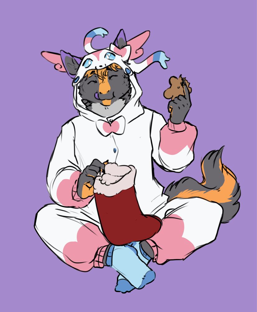 Alias with a cookie and a stocking in a sylveon onesie