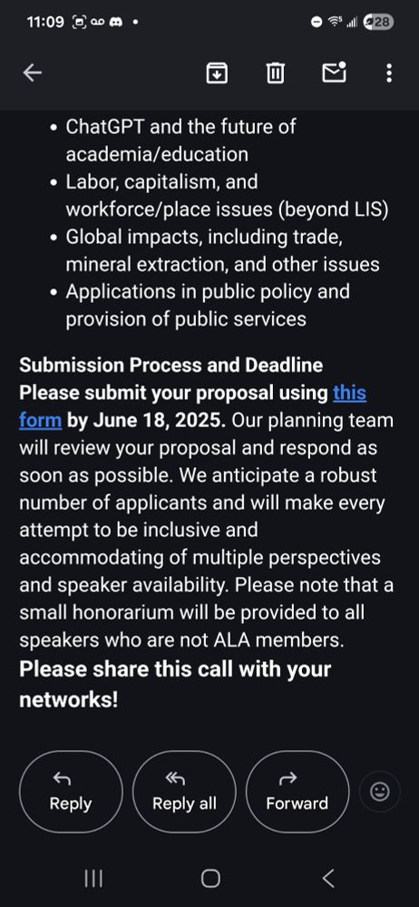 ChatGPT and the future of academia/education

Labor, capitalism, and workforce/place issues (beyond LIS)

Global impacts, including trade, mineral extraction, and other issues

Applications in public policy and provision of public services


Submission Process and Deadline

Please submit your proposal using this form by June 18, 2025. Our planning team will review your proposal and respond as soon as possible. We anticipate a robust number of applicants and will make every attempt to be inclusive and accommodating of multiple perspectives and speaker availability. Please note that a small honorarium will be provided to all speakers who are not ALA members. Please share this call with your networks!