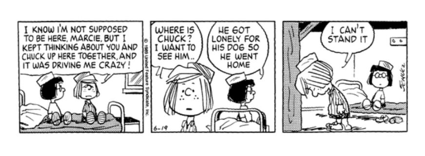 Peppermint Patty and Marcie at camp, talking about Chuck. Patty: “I kept thinking about you and Chuck up here together, and it was driving me crazy!”