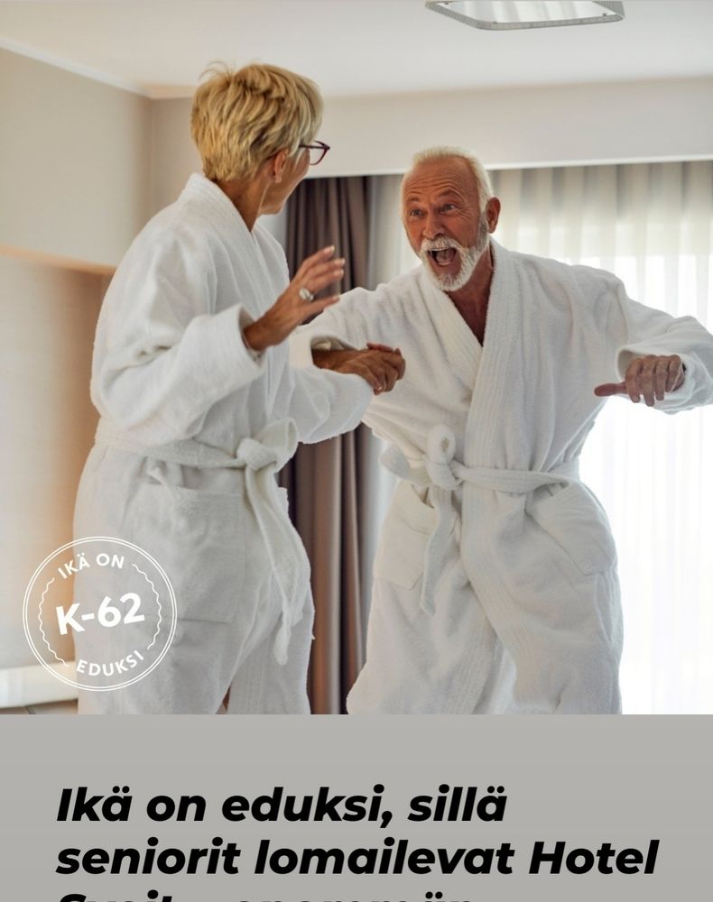 Kylpytakkiin pukeutunut mies lähestyy kylpytakkiin pukeutunutta naista. On tavoiteltu riehakkuutta, mutta vaikutelma tuntuu kuvan jakajasta aggressiiviselta. Hotellilomaa mainostetaan