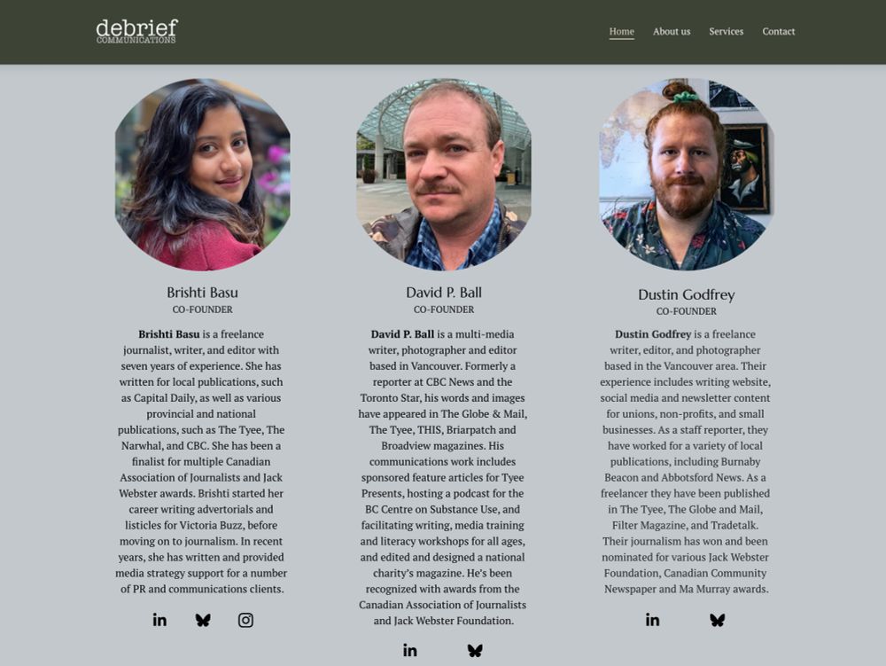 Screenshot of website with bios of three co-founders, Brishti Basu, David P. Ball, and Dustin Godfrey
