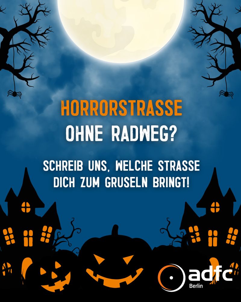 Text mit Aufruf aus Post-Beitrag auf Bild mit gruseligen Kürbissen und Häusern bei Nacht mit Mond