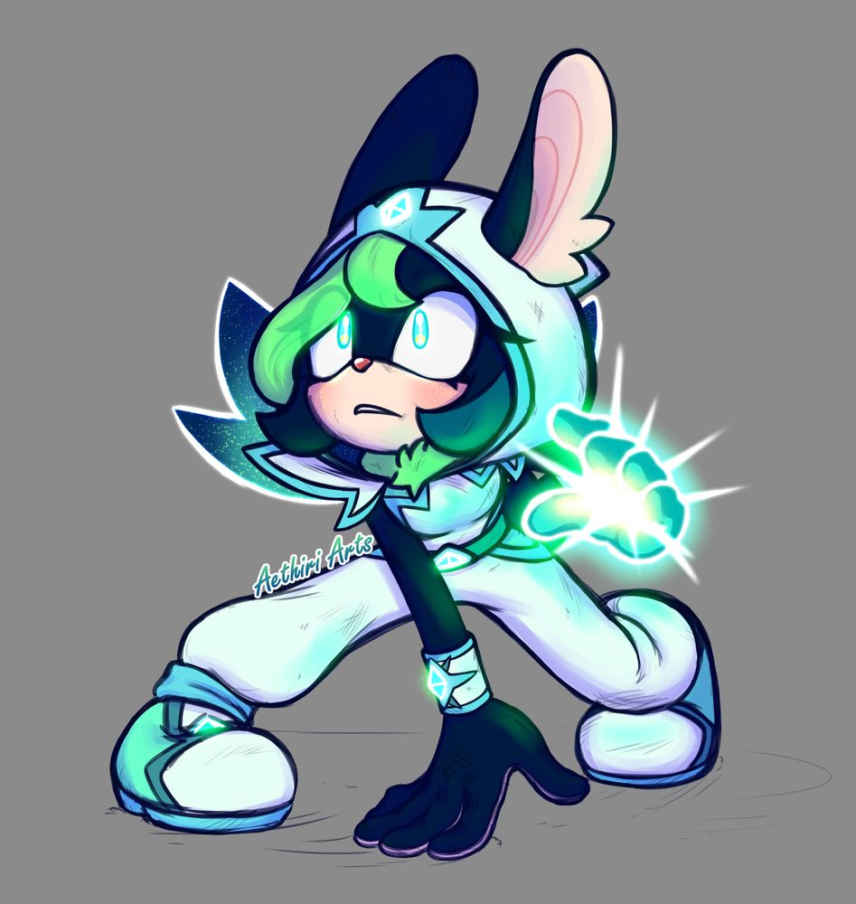 My OC, Thiri the Rabbit, looking up with a focused expression on her face, her eyes and the gemstones on her hood, belt, shoes, and gauntlets are glowing with power. She is in a mid-action position leaning forward with her capelet flowing up behind her head, with one leg in front of her and the other behind in a wide stance apart. One hand is placed on the ground to stabilize herself while the other is raised, glowing with a teal, yellow and white power with small rays of white light streaking out from her palm and through her fingers.