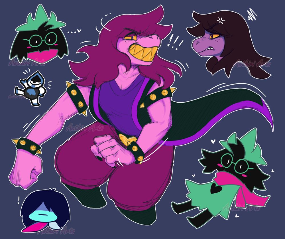 Deltarune Fanart. A large sketch of Susie in her Dark World attire in the middle, the top right featuring a headshot sketch of her Light World appearance looking angry/frustrated. Surrounding them are Doodles of Ralsei, Lancer, and Kris.