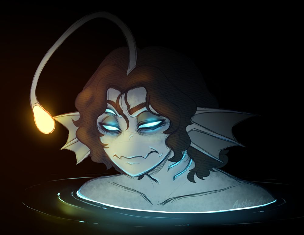 Art featuring an unamused Sebastian Solace in shoulder deep water on a dark background. His esca and eyes lighting up his face and the water.