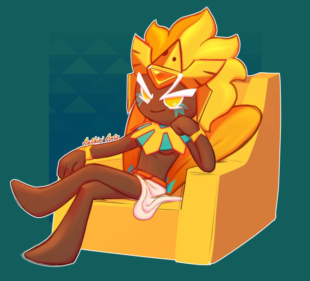 A piece featuring Golden Cheese Cookie from cookie run kingdom sitting in a small throne, resting her cheek on one hand with her legs crossed