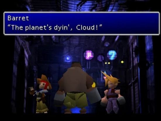 Barret saying "The planet's dyin', Cloud!" to Cloud