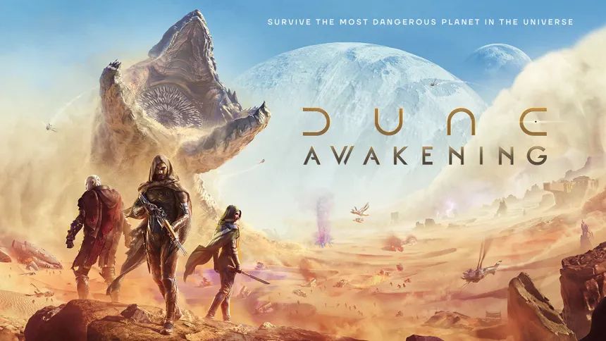3 Freman standing in the Arrakis desert. A giant sandworm looms in the background.