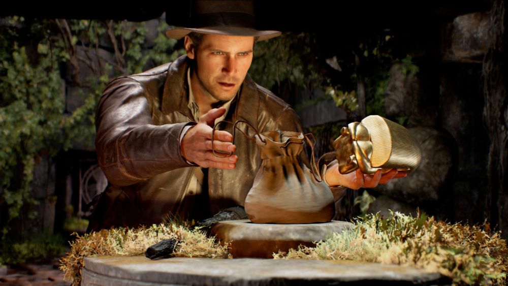 Indiana Jones in a brown leather coat reaching for a golden idol and replacing it with a sandbag to counteract the weight.