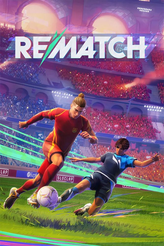 REMATCH game with a male player with a topknot in a red uniform dribbling the ball down the field, and a brown woman in a blue uniform attempting to knock the ball away from him. In the background is a stadium of fans wearing red and blue to cheer them on!