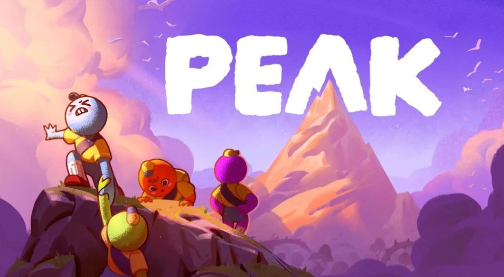 A blue character strains to pulls a green character to the top of the mountain. A orange and pink character in the background observe the peak of the mountain. The sky is purple.