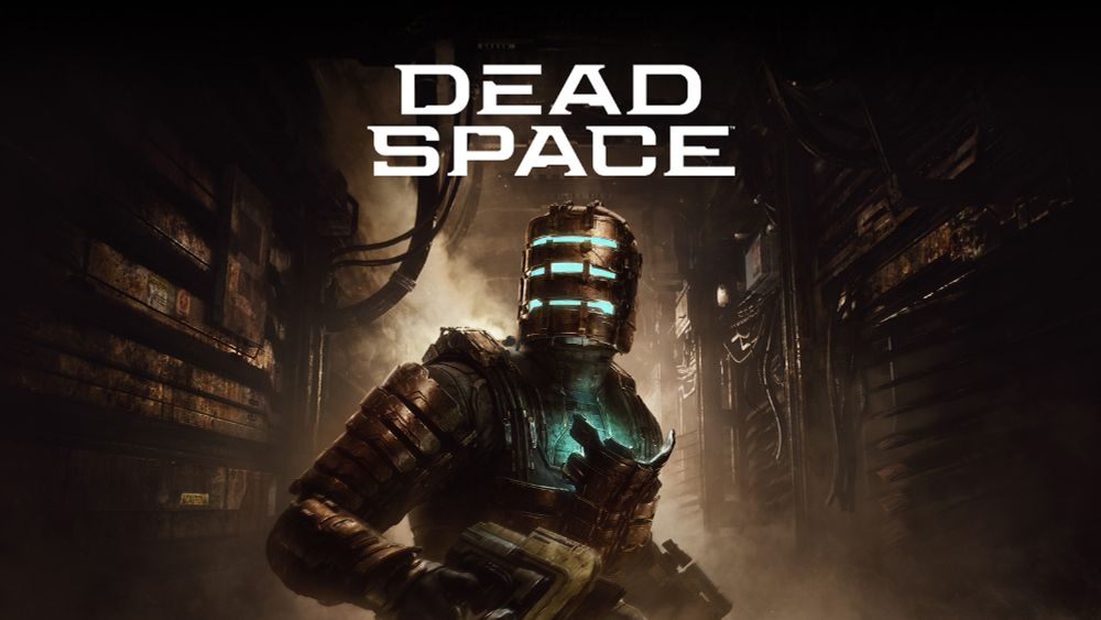 Dead Space Remake with a the main player wearing a dirty, rusty helmet and holding a gun. In the background is a rusted ship with wires hanging from the ceiling. 