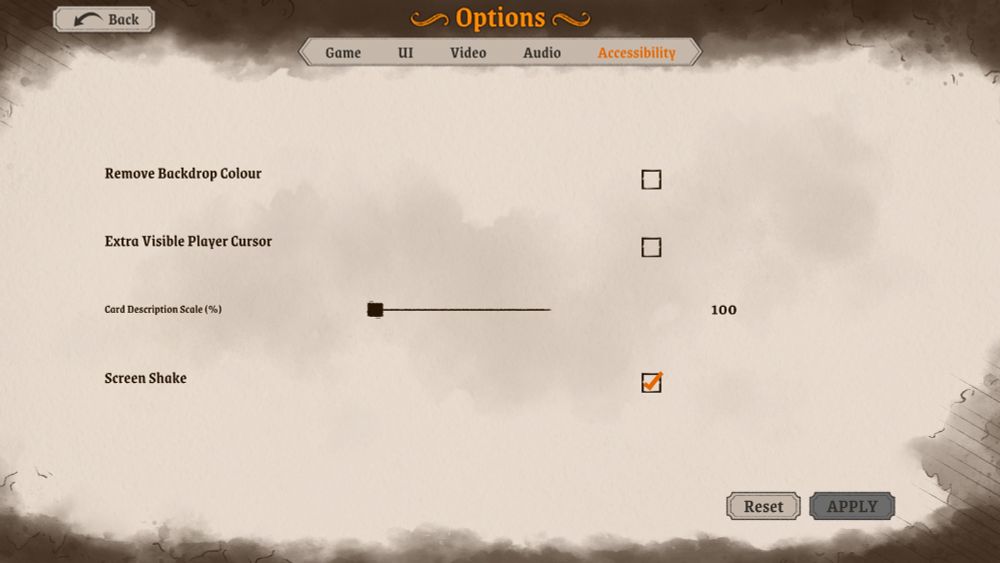 In-game accessibility menu with Remove Backdrop Colour, Extra Visible Player Cursor, Card Description Scale, and Screen Shake.
