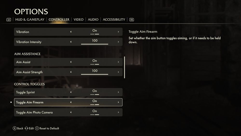 Screenshot of the controller menu in-game showing Vibration, Vibration Intensity, Aim Assist, and Control Toggles.