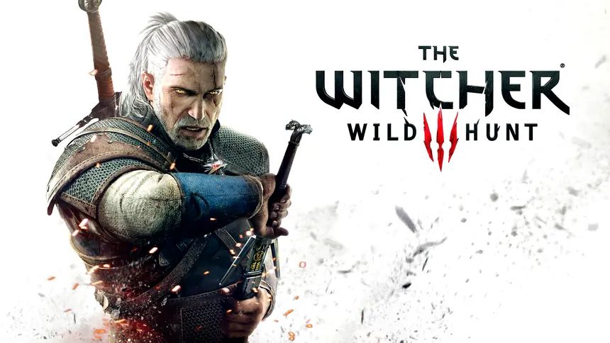Geralt of Rivia drawing a sword from his side. There are smouldering flames in the foreground.