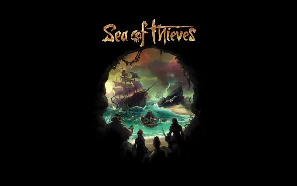 A black background with a skull. Inside the skull is the ocean with a ship looming in the background.