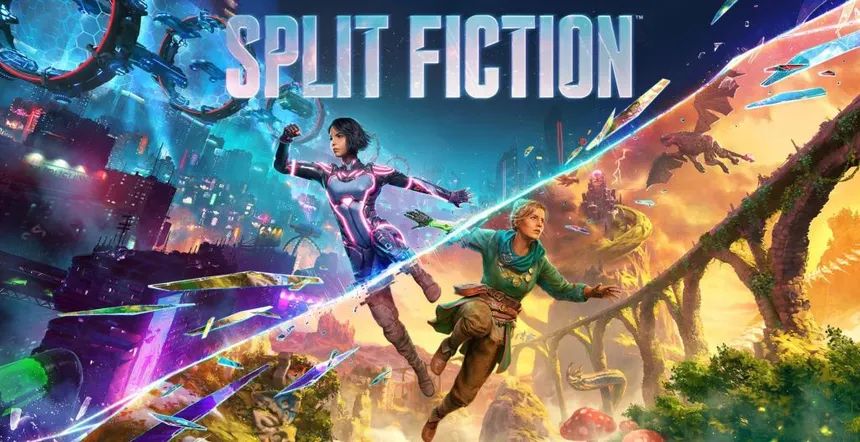 A woman with short black hair in a pink sci-fi space suit leaps over a futuristic city, and a woman with blonde hair and a green adventure outfit dives into a fantasy world.
