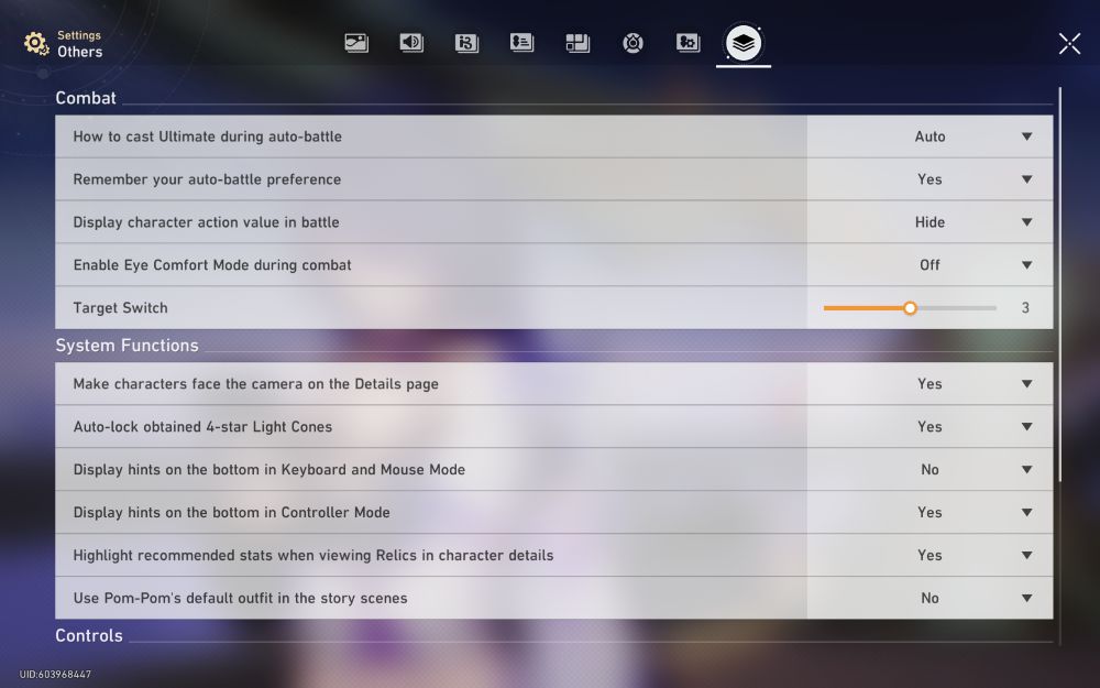 Settings menu with Combat options: Auto Battle, Remember Auto Battle Preference, Display Character Action Value, Enable Eye Comfort Mode, Target Switch. Below it is the Systems Function options menu with Auto-Lock 4-star Light Cones, Display Hints, and Highlight Recommended Stats.