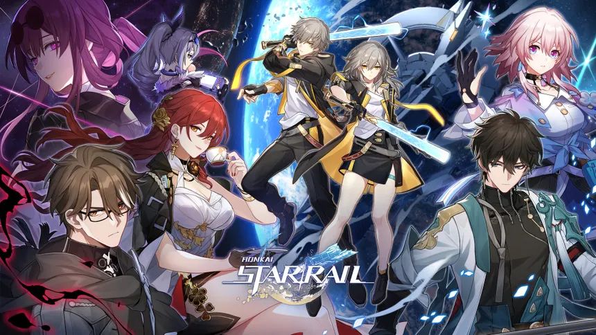 Honkai: Star Rail character mash-up. Kafka, a woman with purple hair looms in the background. In foreground is Himeko (woman with red hair), Welt (man with glasses), March 7 (woman with pink hair), and Dan Heng (man with black hair). In the center is the Trailblazer with grey hair. 