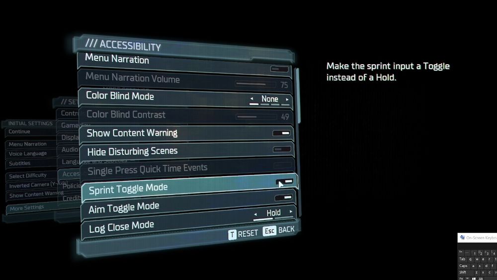 Accessibility menu with the following options: Menu Narration, Menu Narration Volumn, Color Blind Mode, Color Blind Contrast, Show Content Warning, Hide Disturbing Scenes, Single Press Quick Time Events, Sprint Toggle Mode, Aim Toggle Mode, and Log Close Mode. 