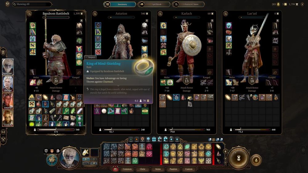 Screenshot of the character inventory screen. The mouse is hovering over a gold ring with an emerald in the center of it called Ring of Mind-Shielding. It provides an item description of it's use, "Shelter: You have Advantage on Saving Throws against Charmed." Below it has flavor text that explains, "This ring is forged from a smooth, alien metal, capped with eyes of emerald that watch the world unblinking."