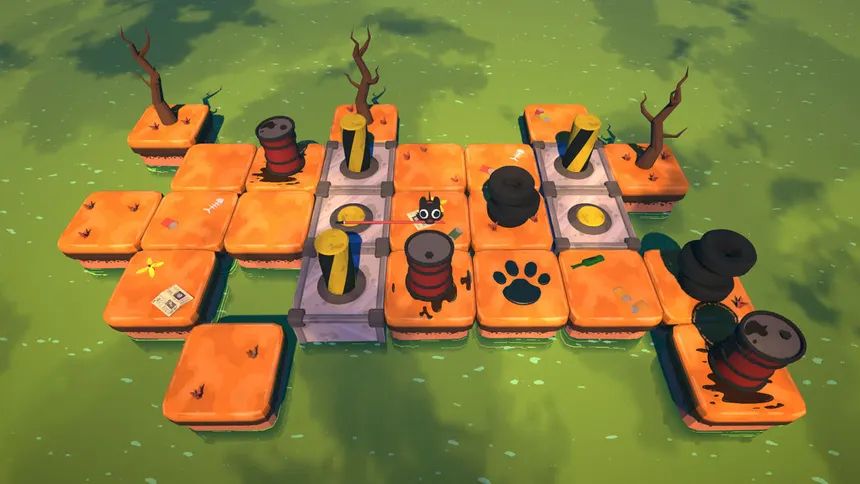 Puzzle game with a black dog with adorable eyes holding a stick. The platform is yellow with some trees and oil barrels on the map.