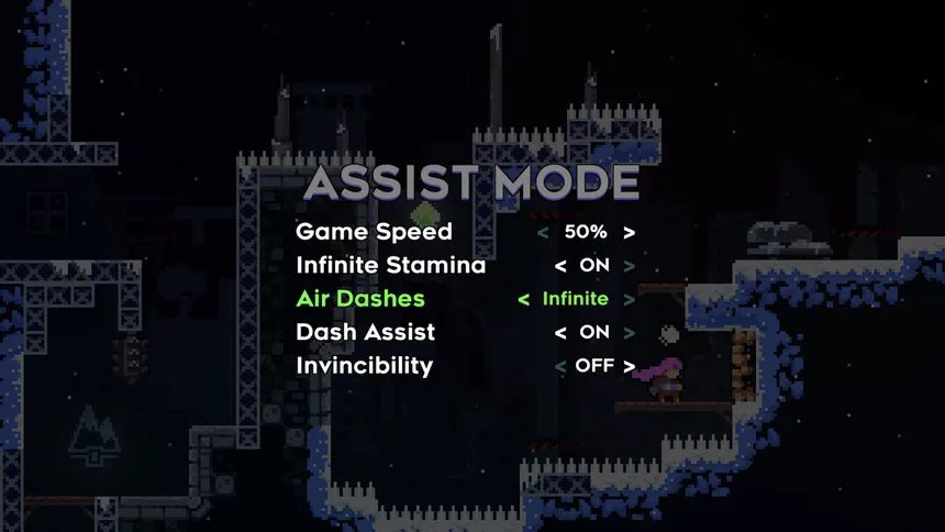 Celeste's Assist Mode screen featuring Game Speed, Infinite Stamina, Air Dashes, Dash Assist, and Invincibility.