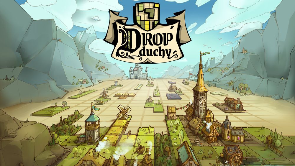 A Tetris-like board with windmills, castles, a clocktower, and moutains on the side.