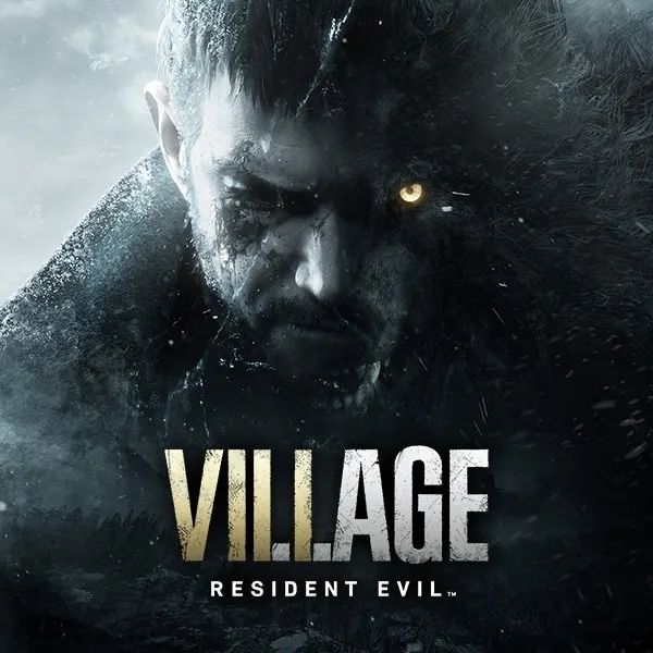 Ethan, a a man with dark hair hunched over the Resident Evil VILLAGE logo with mold growing on one side of his face. On the other side is a bright, gold eye. 