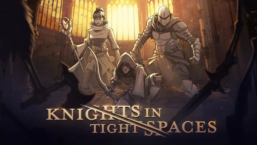 Knights in Tight Spaces logo with a mage, an archer, and a knight all clustered together and preparing for battle.