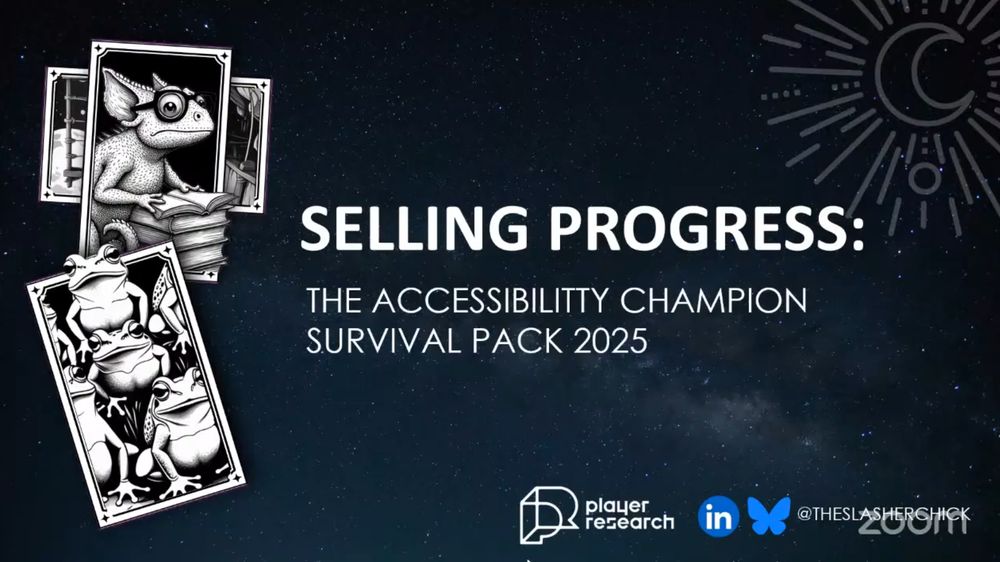 Screenshot of Améliane's talk with a black-white art card of a chameleon and two frogs. The talk is called "Selling Progress: The Accessibility Champion Survival Pack 2025"