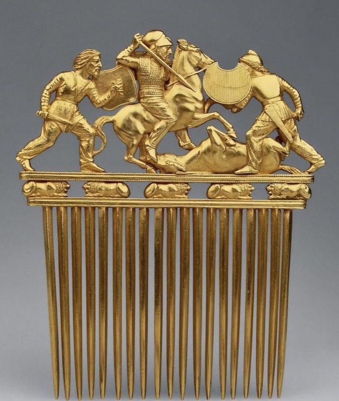 A magnificent sculpted golden comb made by a Greek sculptor, with a crest showing Scythian warriors in battle, is one of the great treasures of the Hermitage Museum in St. Petersburg, Russia.

The golden ornament, known around the world as “the Solocha comb,” was found in what is now Ukraine in 1913.


