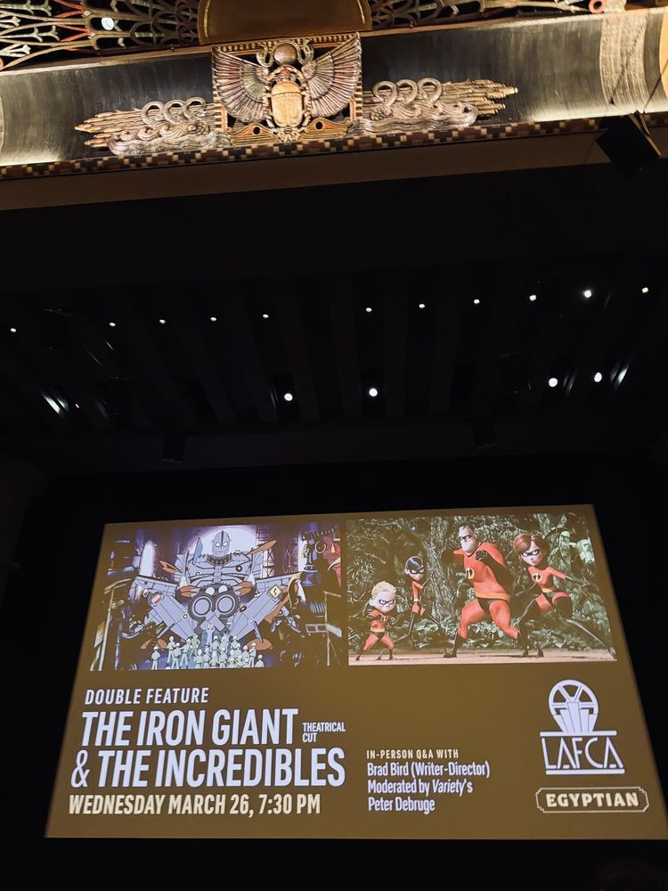 The Egyptian screen with the image of the LAFCA @ the Egyptian event: The Iron Giant and The Incredibles with Brad Bird