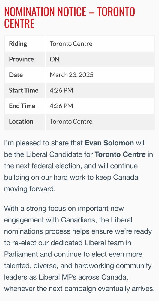 Nomination notice

I’m pleased to share that Evan Solomon will be the Liberal Candidate for Toronto Centre in the next federal election, and will continue building on our hard work to keep Canada moving forward.