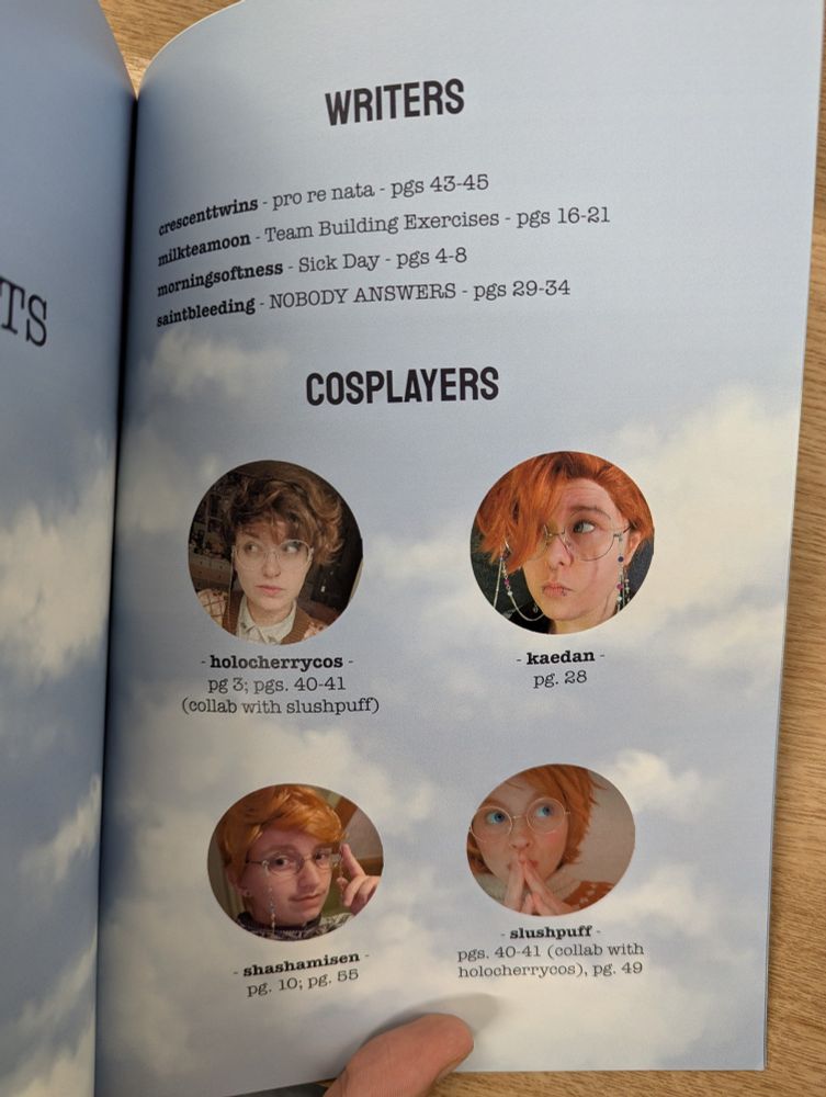 Writers:
crescenttwins
milkteamoon
morningsoftness
saintbleeding

Cosplayers:
holocherrycos
kaedan
shashamisen (that's me! 😄)
slushpuff