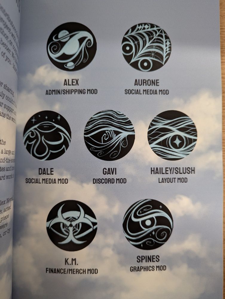 Mods:
Alex - Admin/Shipping Mod;
Aurone - Social Media Mod;
Dale - Social Media Mod;
Gavi - Discord Mod;
Hailey/Slush - Layout Mod;
K.M. - Finance/Merch Mod;
Spines - Graphics Mod.