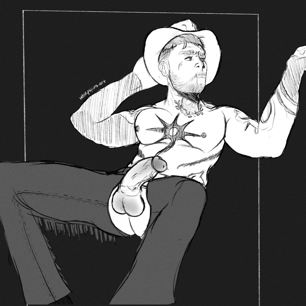 A half naked cowboy, with chaps on in a monochrome clean sketch. He is looking off into the distance. He has several tattoos with a full arm blacked out sleeve. 
He has a cut cock with his ass peeking through the chaps. 
