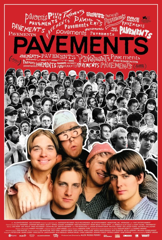 Pavements movie poster featuring multiple black and white and one coloured head shots of band with red border