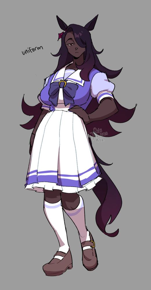 a black kemono horse character wearing the school uniform from umamusume pretty derby