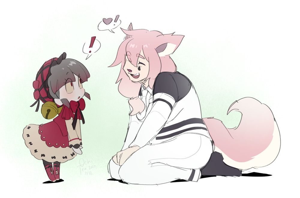 a pink dog sitting on her knees, wearing an outfit from lobotomy corporation. an abnormality from the game, laetitia, stands in front of her, curiously staring.