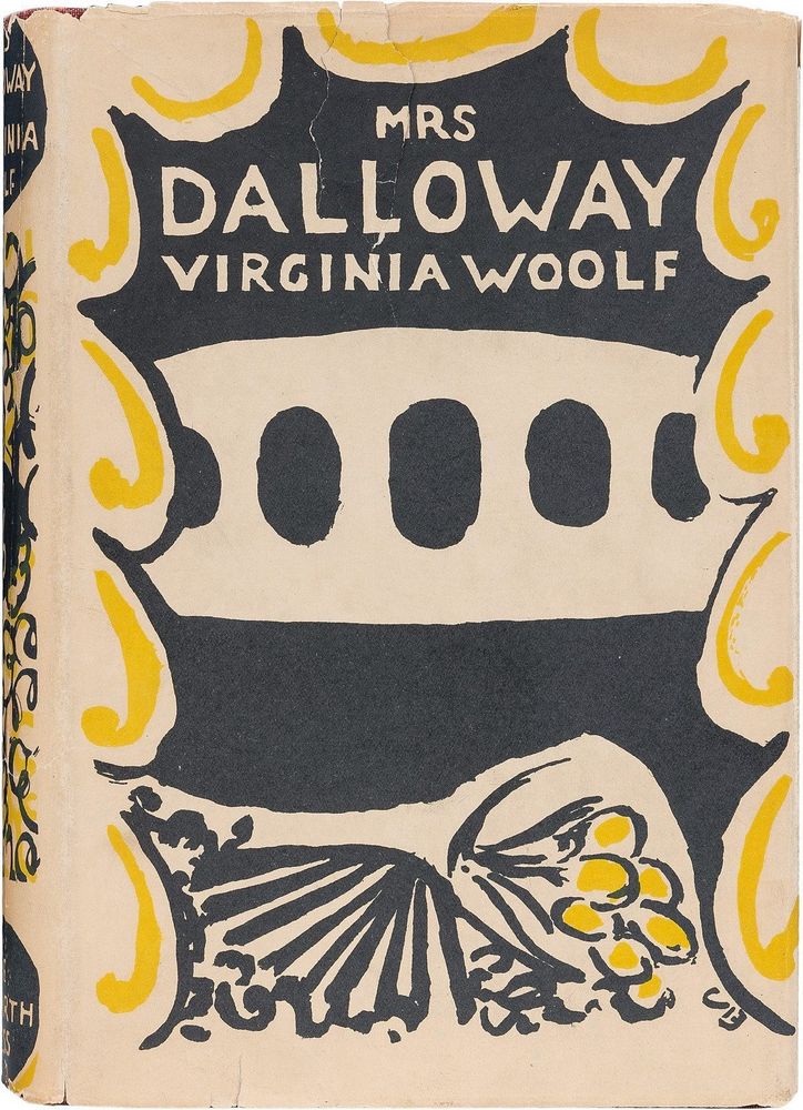 The original cover of Mrs Dalloway, designed by Woolf's sister Vanessa Bell: abstract curved shapes in black and yellow, with a bunch of flowers just distinguishable.