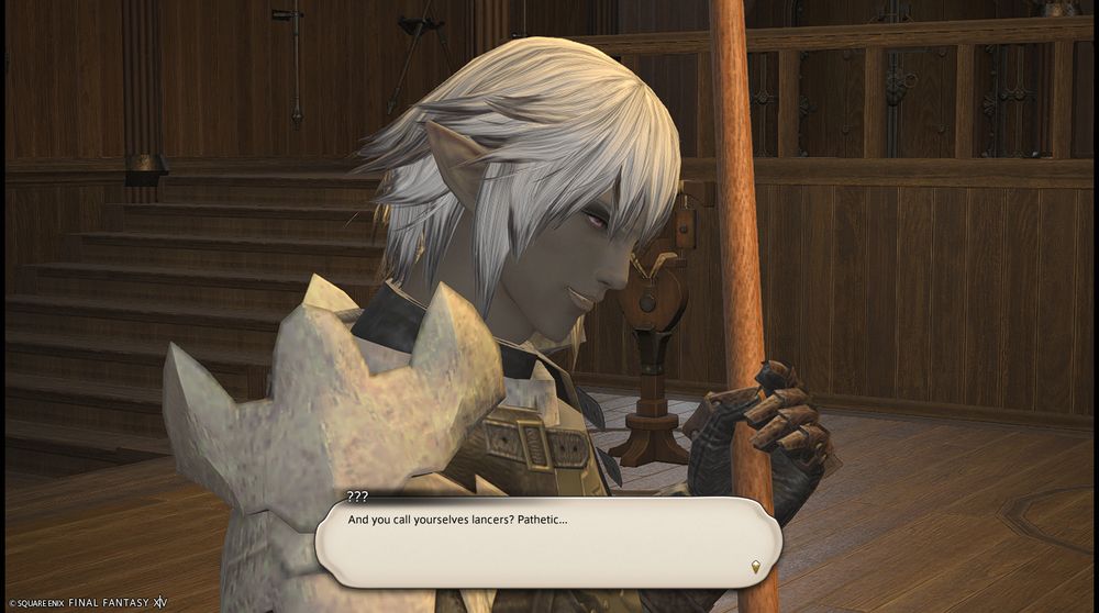 FFXIV Screenshot. Foulques of the Mist, labelled as ???, has a speech bubble reading "And you call yourselves lancers? Pathetic..."