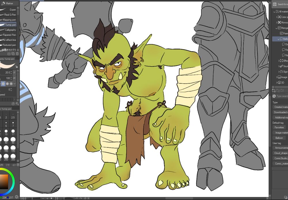 A coloured sketch of a male green, short athletic goblin, with mutton chops, big ears, small tusks, a mohawk and a goatee. He is crouching in a primal pose wearing a tattered loincloth.
