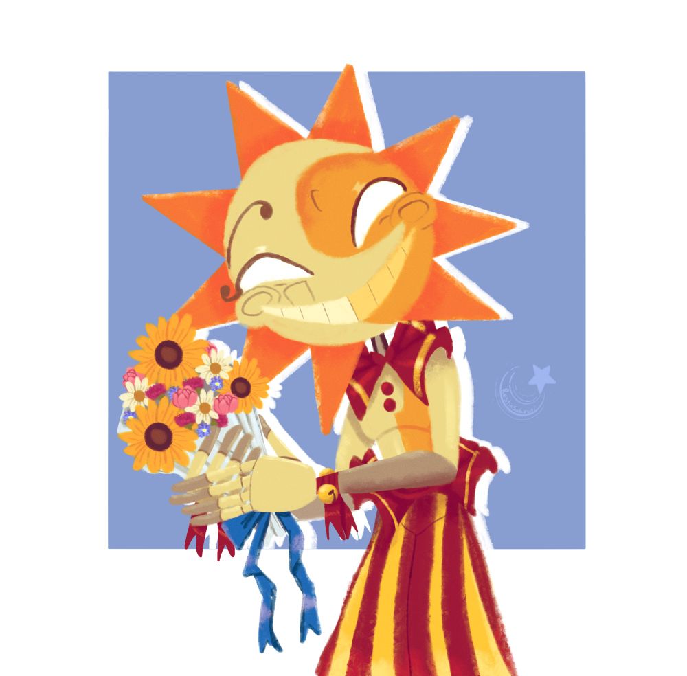 Picture of the Sun animatronic holding a bouquet of flowers that is tied with a blue ribbon. Sun is smiling tilting his head to the side slightly 