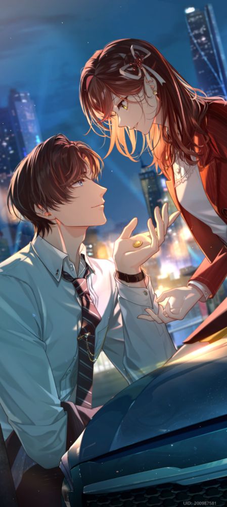 An illustrated image from the mobile otome game called 'Tears of Themis'. It features the heroin, Rosa, and one of the main love interests named artem. He is a generic pale-skinned anime guy with brown hair and blue eyes, while she has pale skin and green eyes with auburn hair. He's wearing a button-noun shirt with a tie, and she is wearing a white shirt with a red blazer. He's holding a golden object (a small badge) in his hand and looking up at her.