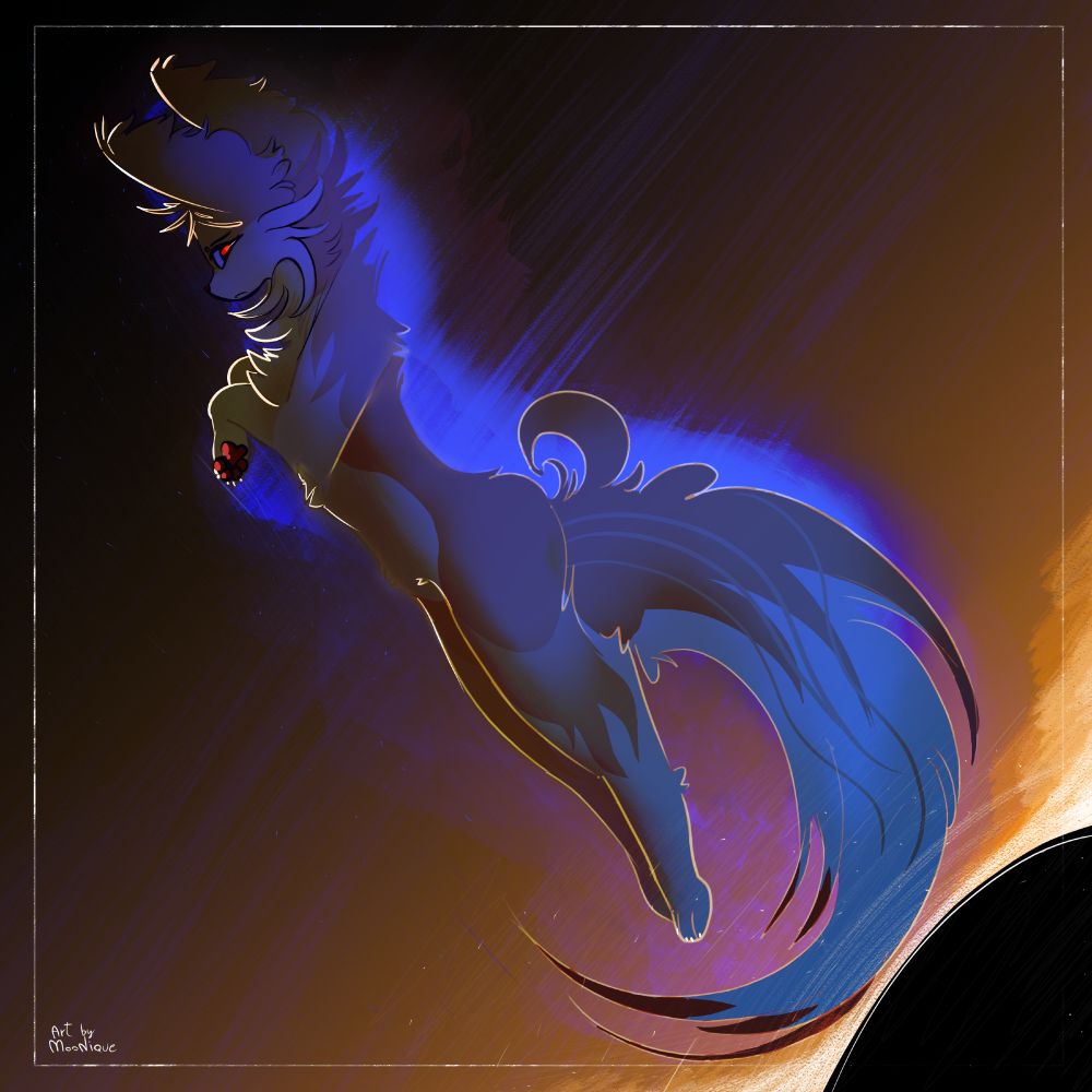 An abstract art of Dayvelee (OC) floating above a black hole with a purple energy around her